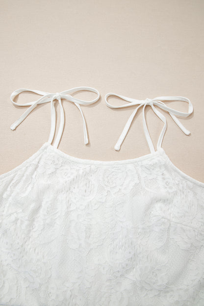 White Tie Spaghetti Straps Floral Lace Overlay Long Dress