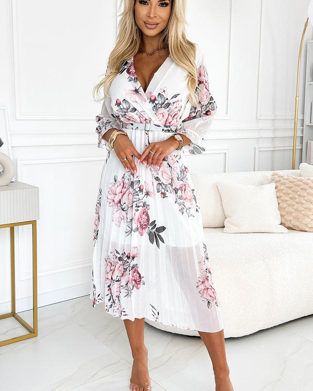 Numoco Basic 448-2 YUNA Pleated midi dress with a neckline and belt - roses on a white background-3