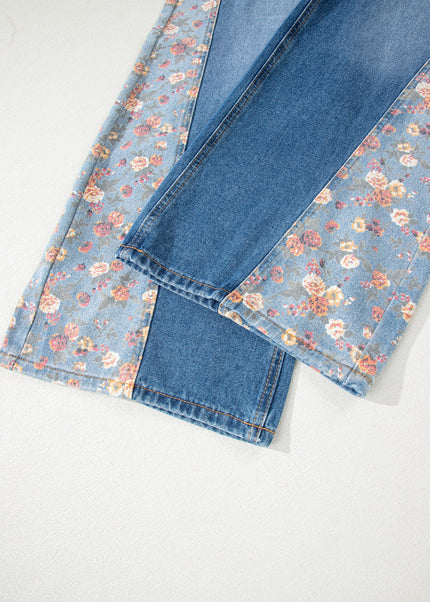 Peacock Blue Floral Patchwork Bib Denim Wide Leg Overalls