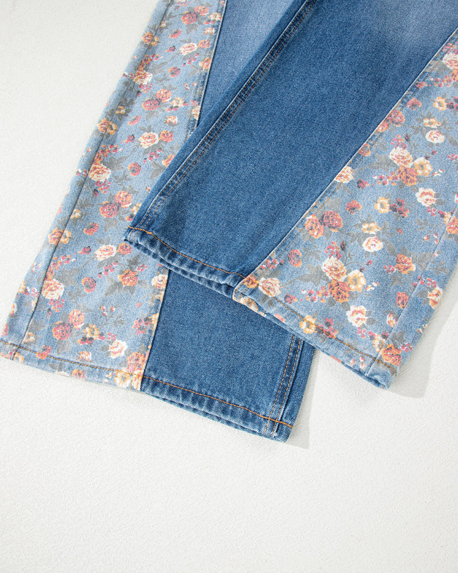 Peacock Blue Floral Patchwork Bib Denim Wide Leg Overalls
