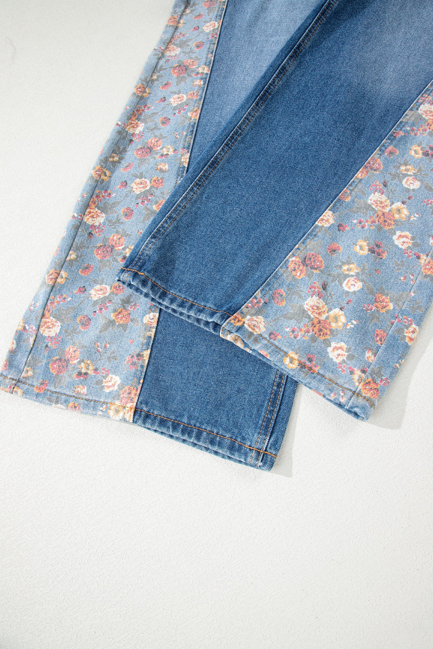 Peacock Blue Floral Patchwork Bib Denim Wide Leg Overalls
