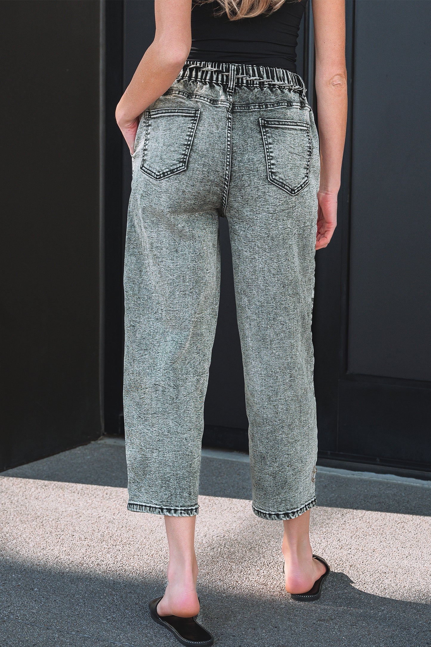 Smoke Gray Acid Wash Barrel Fit Denim Pants with Waist String
