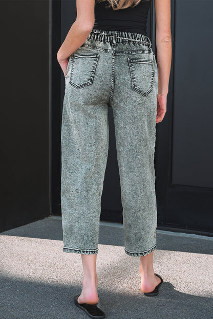 Smoke Gray Acid Wash Barrel Fit Denim Pants with Waist String