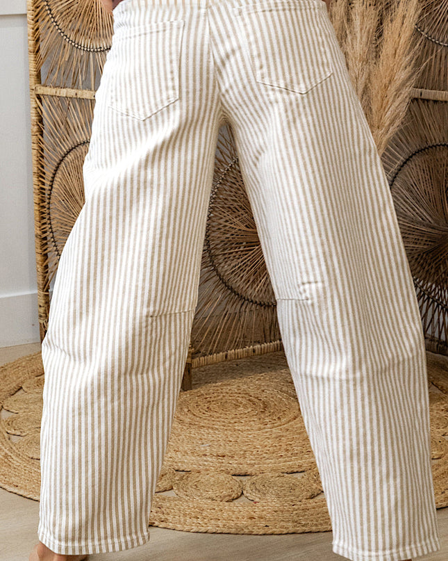 Khaki Stripe Casual Barrel Jeans