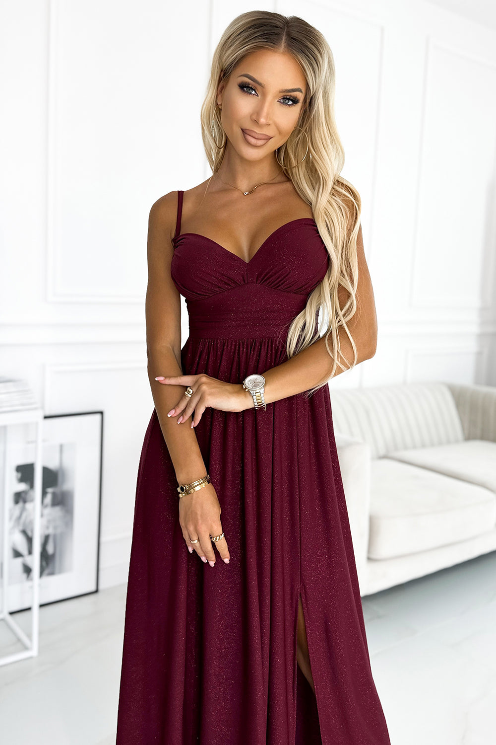 460-2 JOVITE brocade long dress on straps with a slit to the leg - Burgundy color