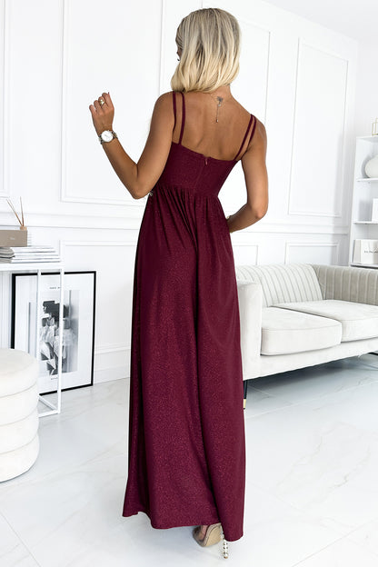 460-2 JOVITE brocade long dress on straps with a slit to the leg - Burgundy color