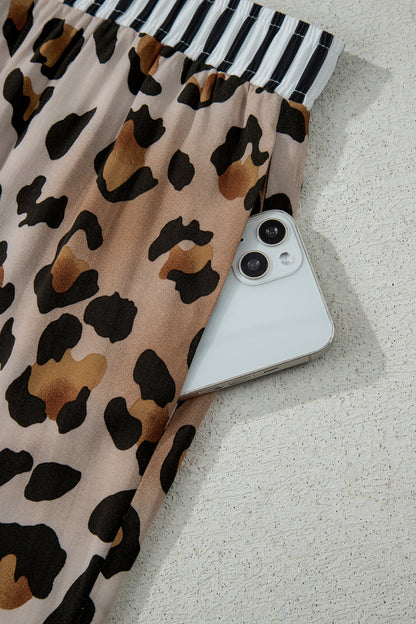 Khaki Plus Leopard Print Contrast Piping Striped Patchwork 2pcs Long Pajama Set