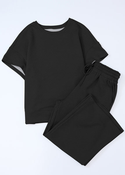 Black Textured Loose Fit T Shirt and Drawstring Pants Set