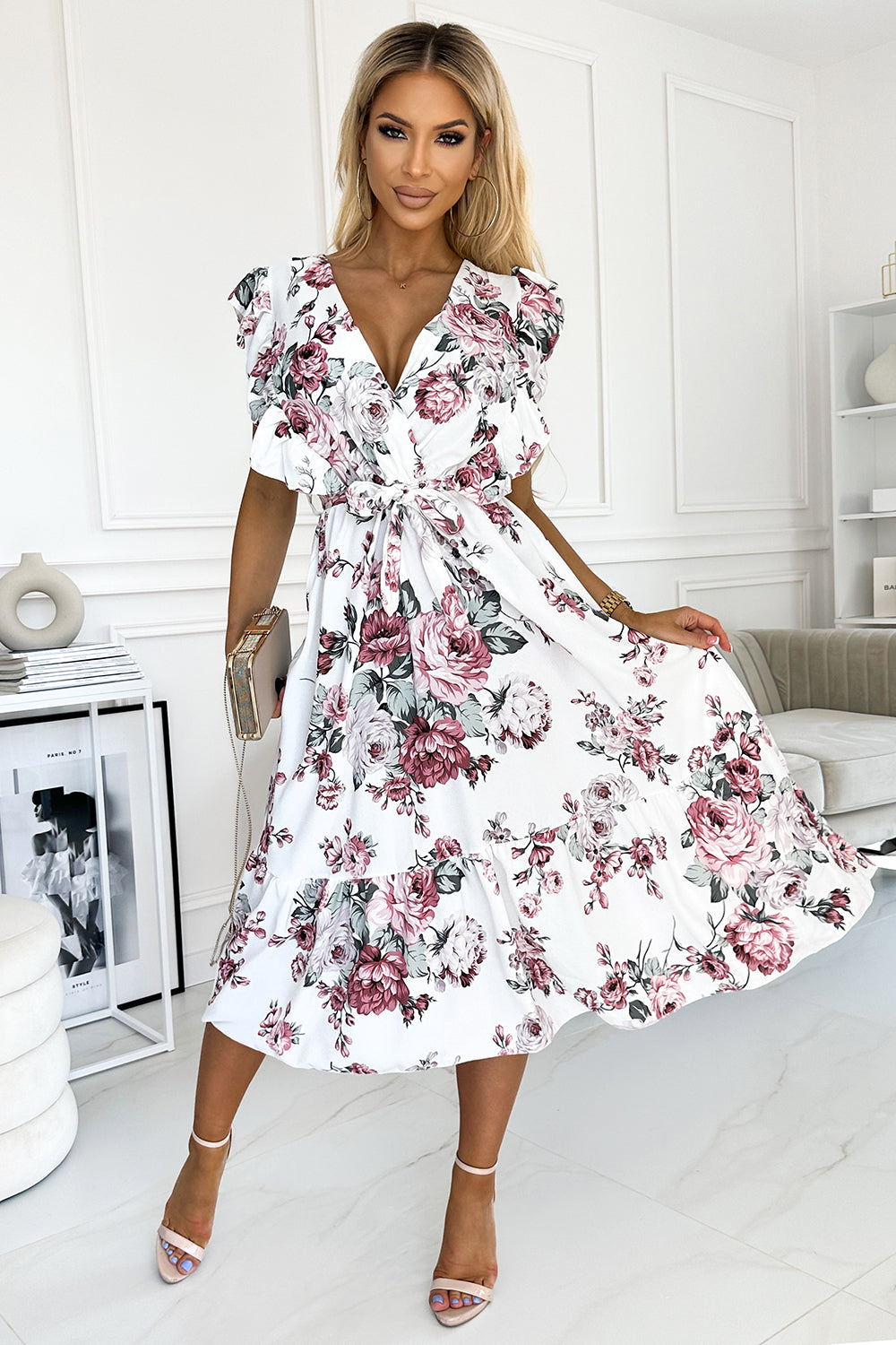 466-1 GABRIELLA dress with frill, neckline and binding - white with burgundy roses