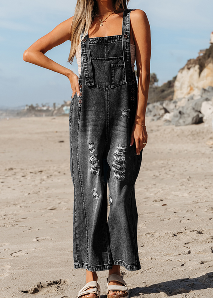 Stone Blue Distressed Bib Pocket Wide Leg Denim Overall