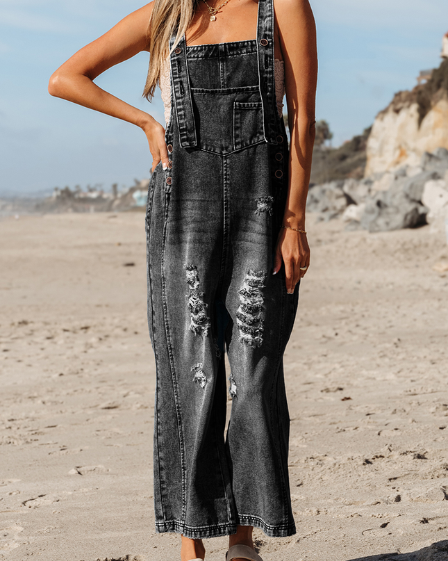 Stone Blue Distressed Bib Pocket Wide Leg Denim Overall