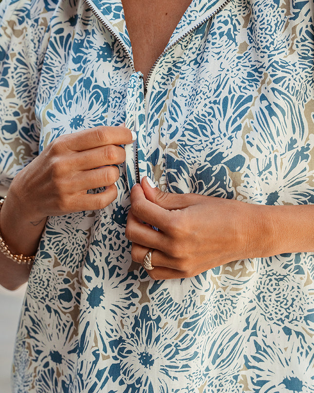 Blue Floral Print Striped Webbing Patchwork Collar Short Sleeve Mini Dress