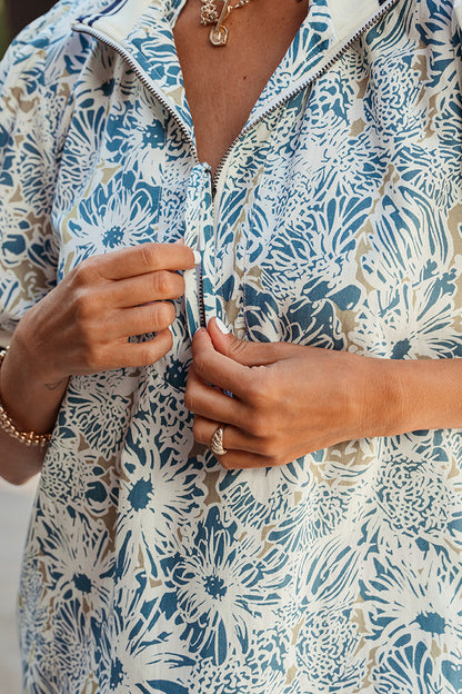 Blue Floral Print Striped Webbing Patchwork Collar Short Sleeve Mini Dress