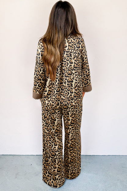 Brown Leopard Collared 3/4 Sleeve Shirt and Loose Pants Two Piece Outfit Set