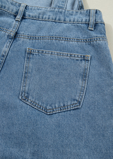 Dusk Blue Pleated Wide Leg Retro Pocketed Denim Jumpsuit