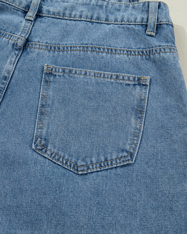 Dusk Blue Pleated Wide Leg Retro Pocketed Denim Jumpsuit