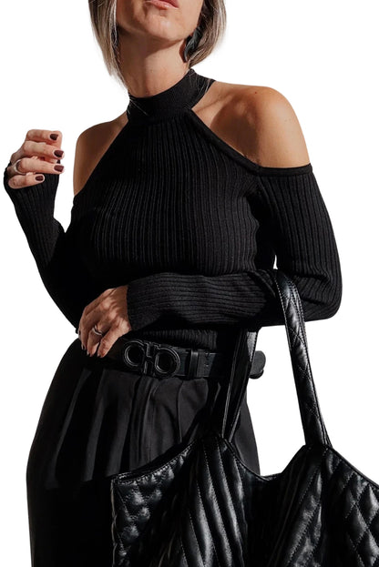 Black Ribbed Knit Cold Shoulder Choker Neck Sweater