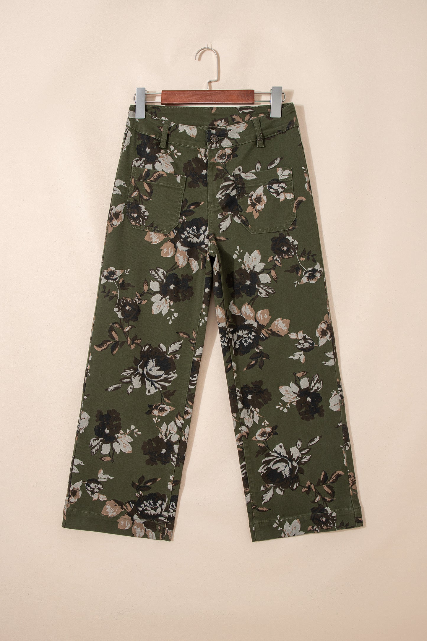 Green Vintage Floral Print Square Patch Pocket Raw Hem Shift Jeans