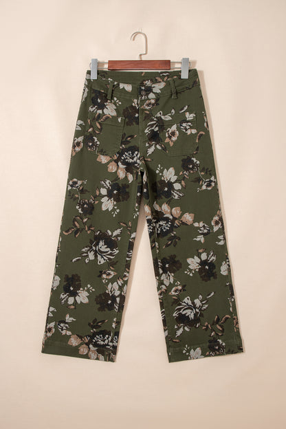 Green Vintage Floral Print Square Patch Pocket Raw Hem Shift Jeans