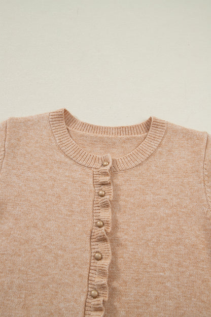 Oatmeal Ruffle Trim Gold Button Sweater Cardigan