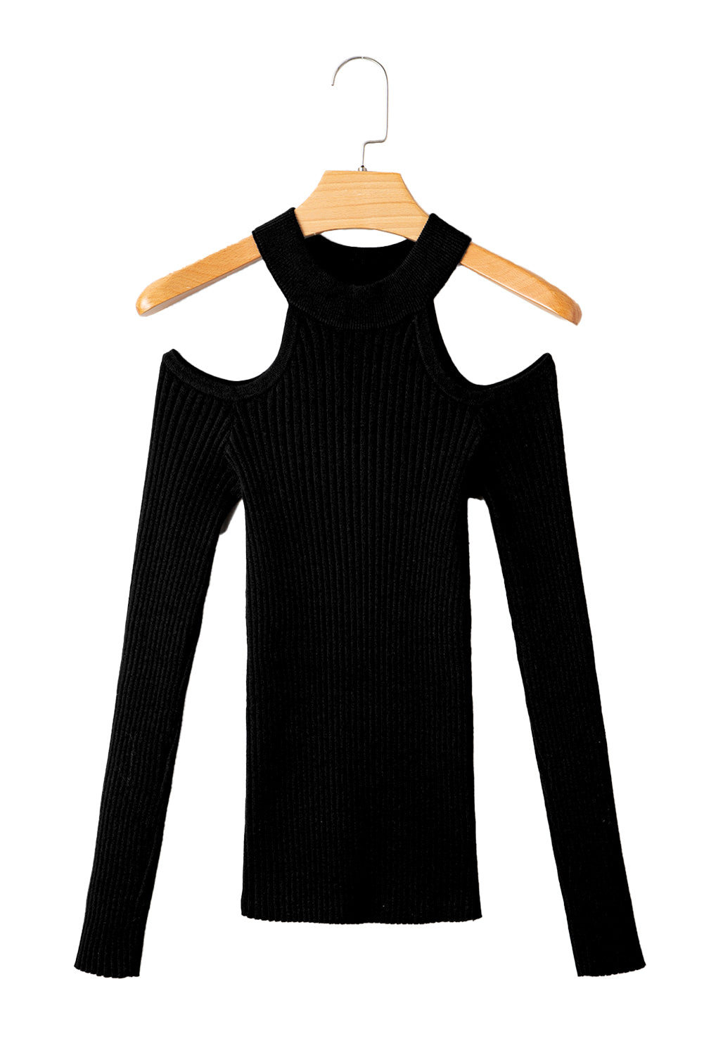 Black Ribbed Knit Cold Shoulder Choker Neck Sweater