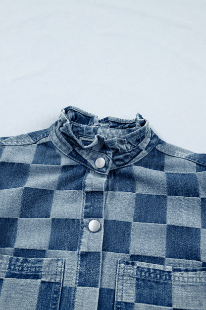 Beau Blue Checkered Ruffle Trim Button Down Denim Vest