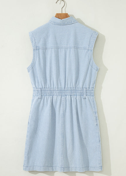 Sky Blue Stripe Collared Button Front Sleeveless Denim Mini Dress