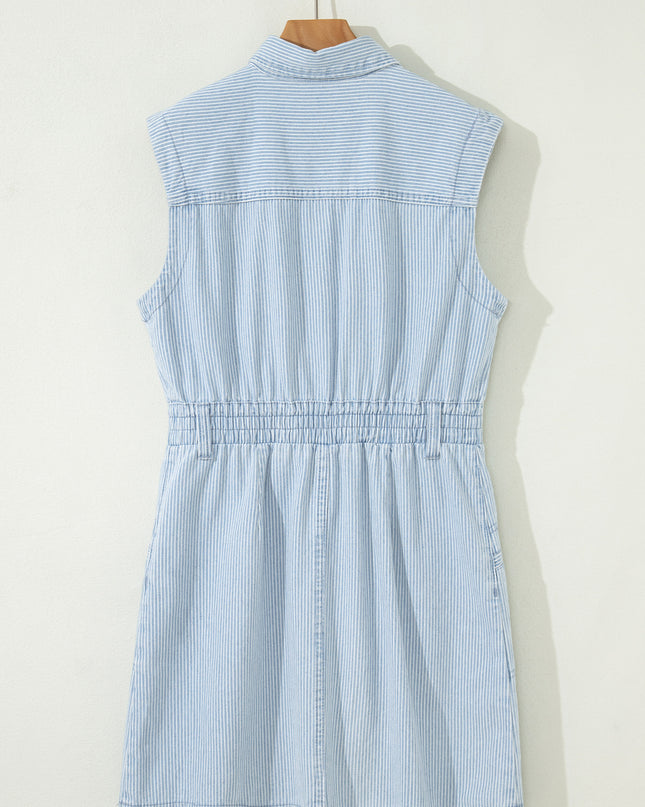 Sky Blue Stripe Collared Button Front Sleeveless Denim Mini Dress