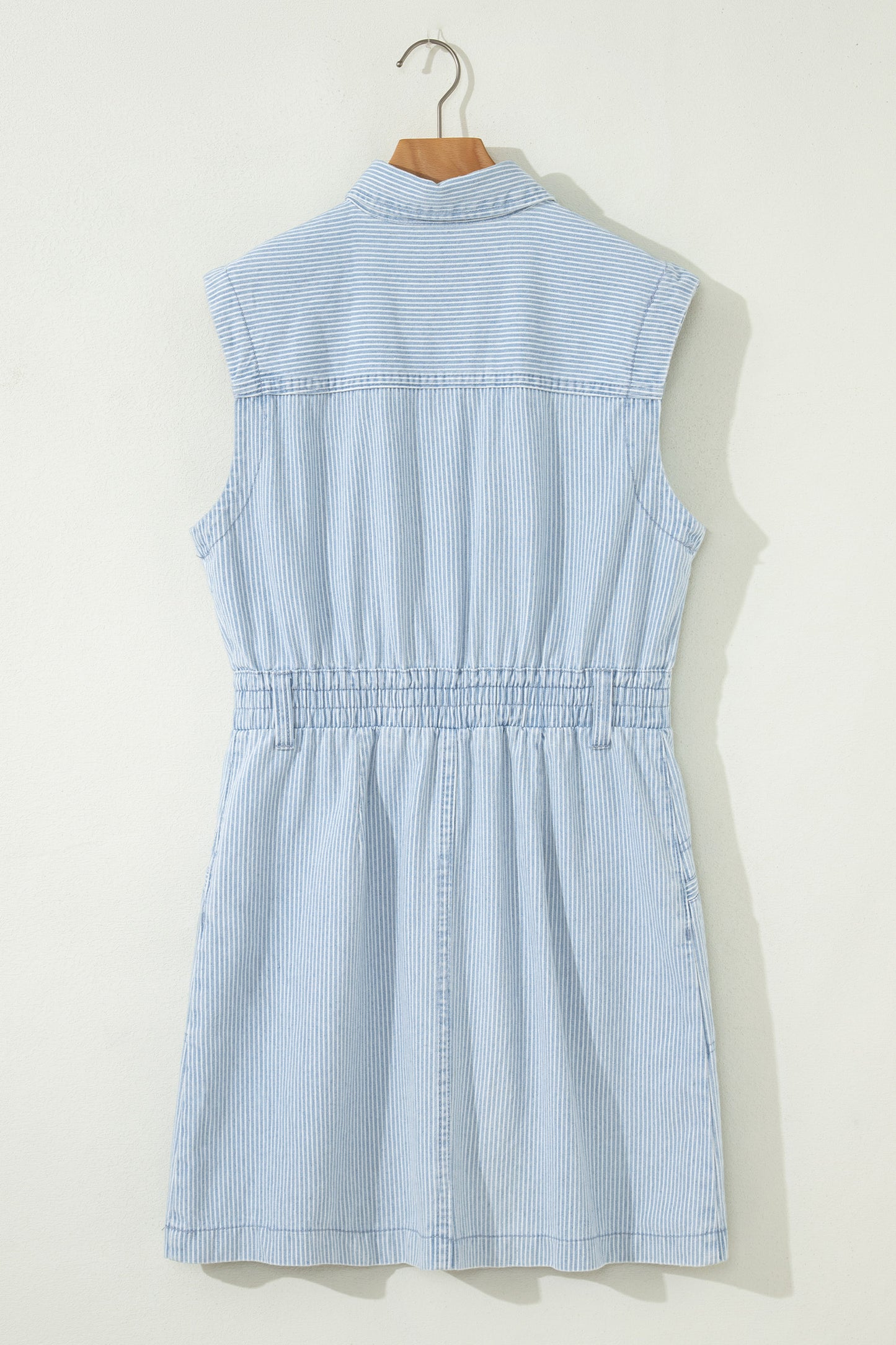 Sky Blue Stripe Collared Button Front Sleeveless Denim Mini Dress