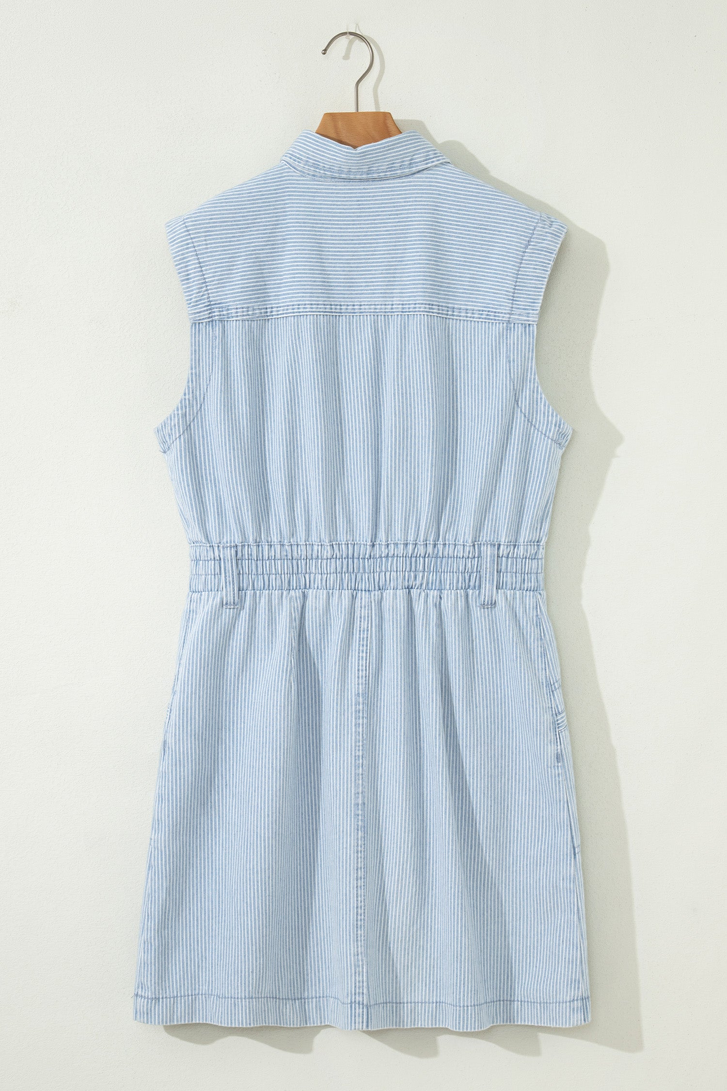 Sky Blue Stripe Collared Button Front Sleeveless Denim Mini Dress