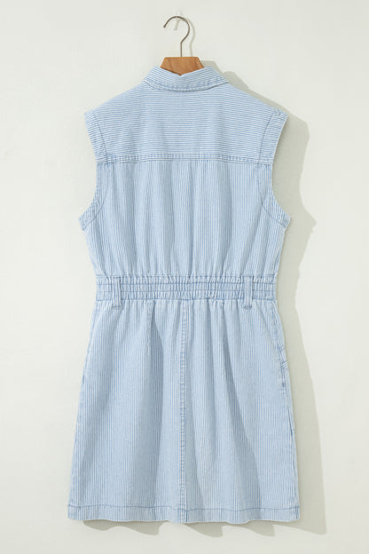 Sky Blue Stripe Collared Button Front Sleeveless Denim Mini Dress