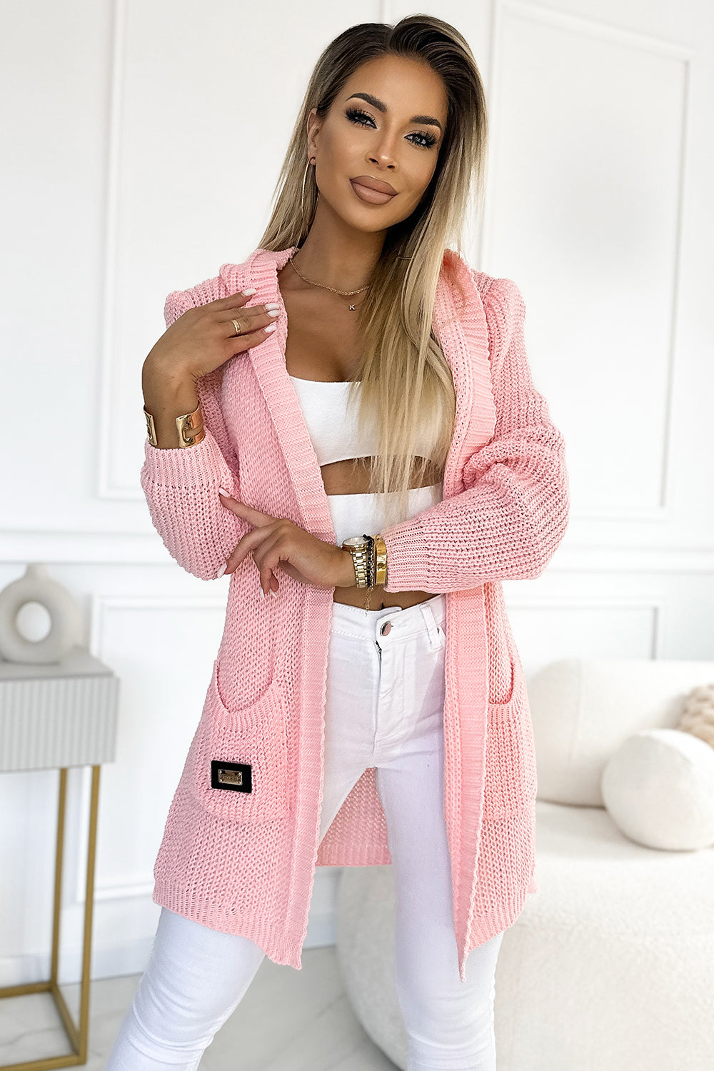 488-3 Cardigan - cape with a hood, pockets and a patch - peach color