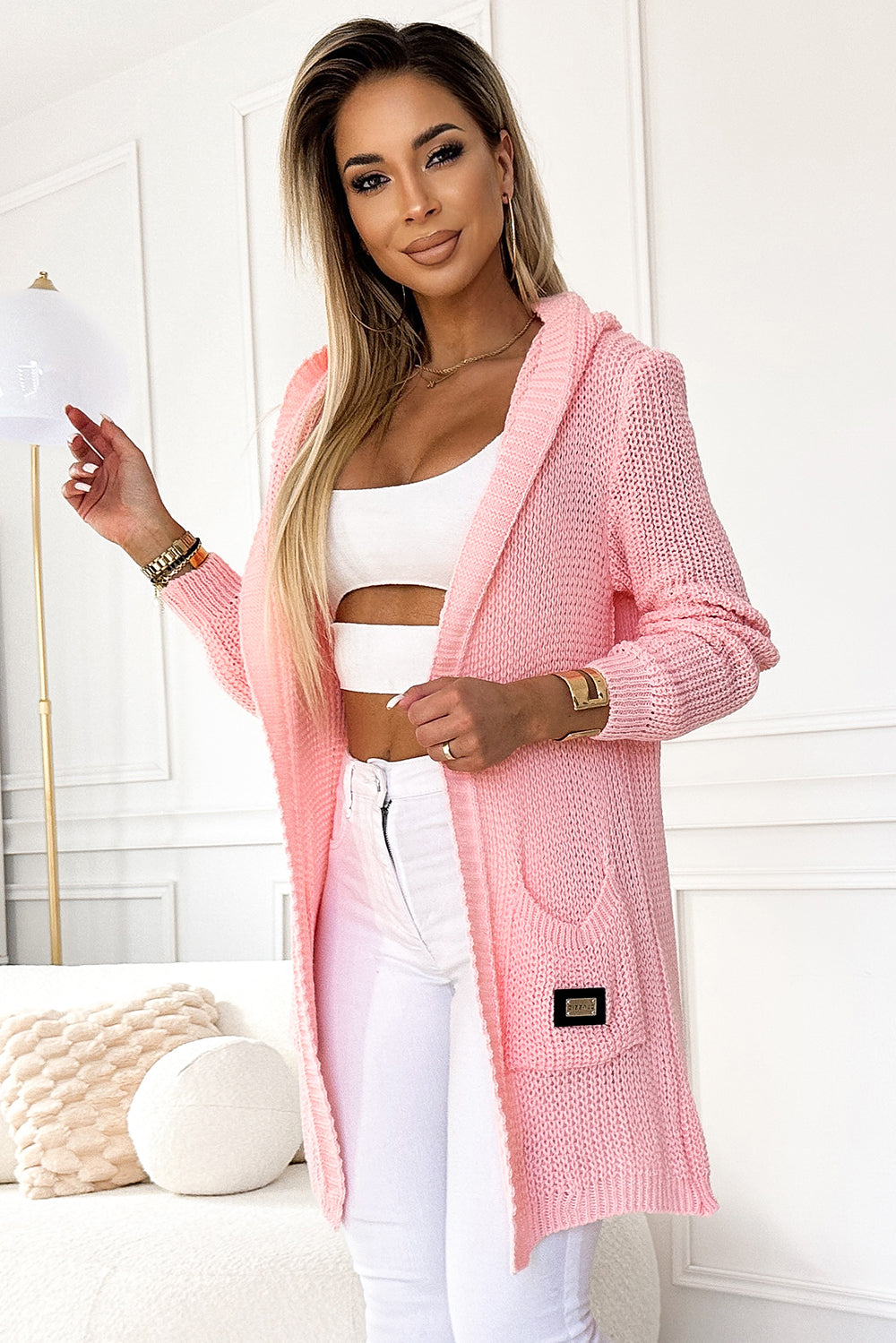 488-3 Cardigan - cape with a hood, pockets and a patch - peach color