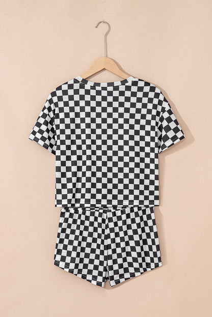 Black Checkerboard T Shirt and High Waist Skorts 2 Piece Outfit set