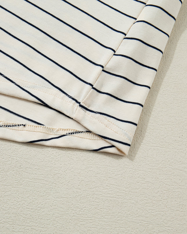 Beige Stripe Drawstring Tunic Tank Mini Dress with Pockets