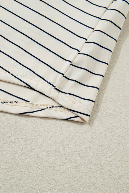 Beige Stripe Drawstring Tunic Tank Mini Dress with Pockets