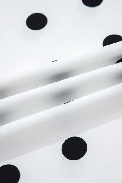 White Polka Dot Print Round Neck Frilled Long Sleeve Blouse