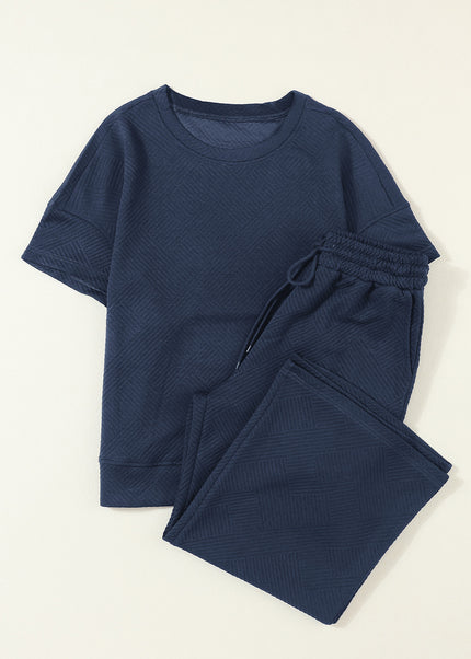 Black Textured Loose Fit T Shirt and Drawstring Pants Set