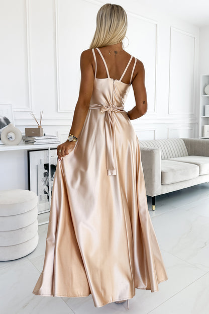 498-5 Long satin dress with a neckline and double straps - golden