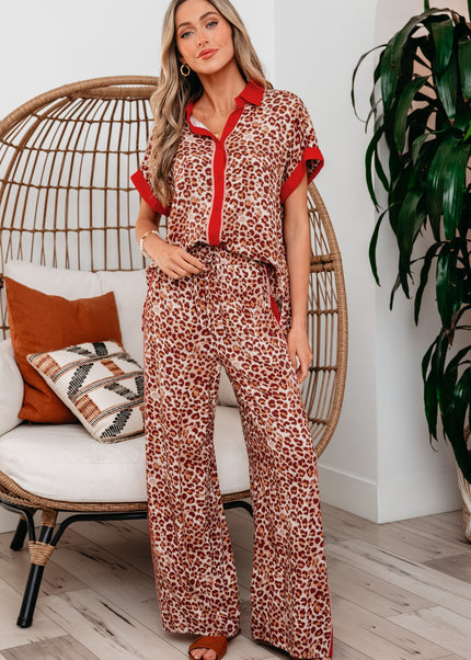 Brown Contrast Trim Leopard Top and Pant Set