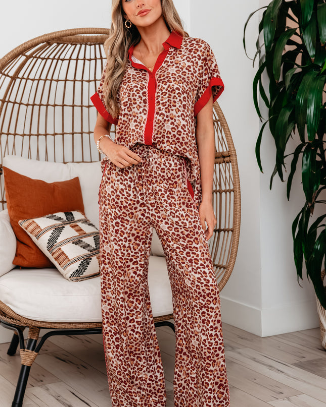 Brown Contrast Trim Leopard Top and Pant Set