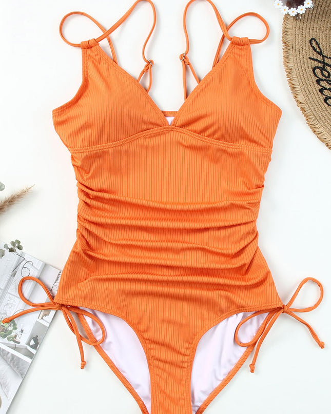 Sky Blue Adjustable Straps Ribbed Knit One Piece Swimsuit