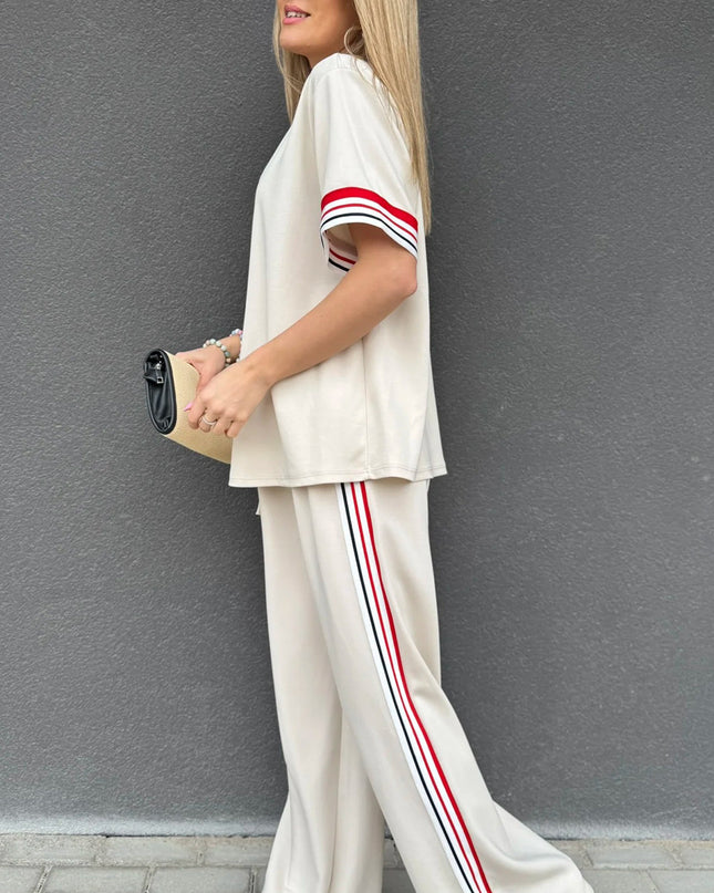 Jet Stream Contrast Striped Trim Crewneck T Shirt Loose Straight Pants Set