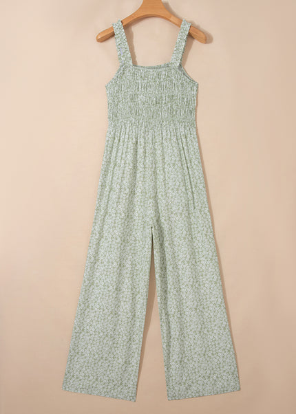 Green Smocked Bodice Square Neck Sleeveless Floral Jumpsuit