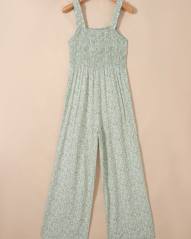 Green Smocked Bodice Square Neck Sleeveless Floral Jumpsuit