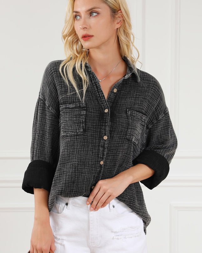 Black Crinkle Textured Chest Pockets Shirt