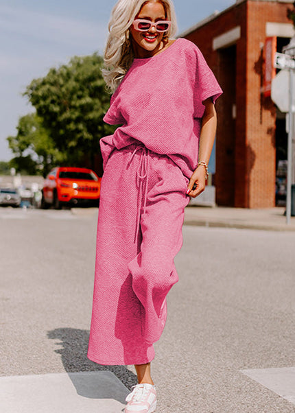 Black Textured Loose Fit T Shirt and Drawstring Pants Set