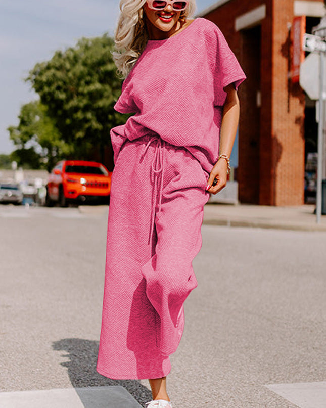 Black Textured Loose Fit T Shirt and Drawstring Pants Set