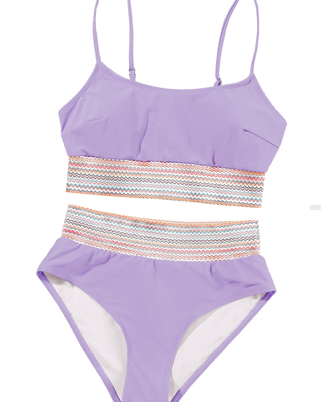 Peach Blossom Striped Patchwork Spaghetti Strap High Waist Bikini Swimsuit