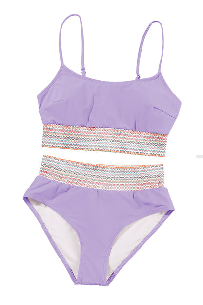 Peach Blossom Striped Patchwork Spaghetti Strap High Waist Bikini Swimsuit